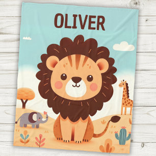 Cute Kawaii Lion in Savanna Personalised Fleece Blanket