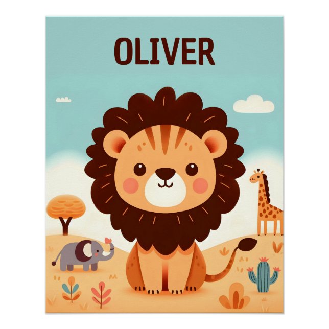 Cute Kawaii Lion with Safari Friends Poster (Front)