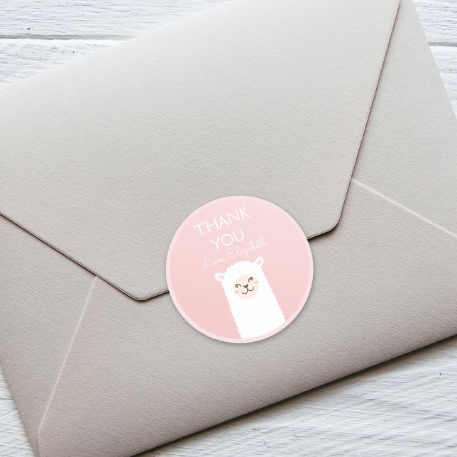 Cute Kawaii Llama Alpaca Elegant Pink Thank You Classic Round Sticker (Creator Uploaded)