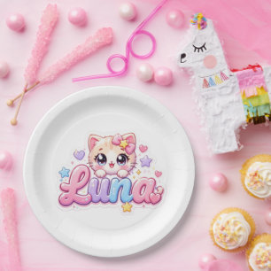 Cute Kawaii Luna Cat Name Pastel Pink Sparkling Ki Paper Plate