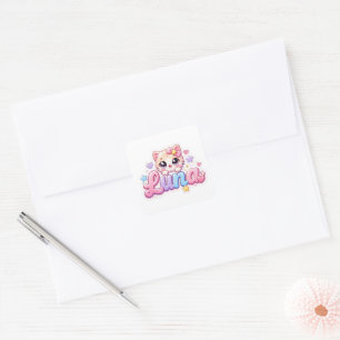 Cute Kawaii Luna Cat Name Pastel Pink Sparkling Ki Square Sticker