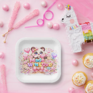 Cute Kawaii Made With Love Cat Name Pastel Pink Fl Paper Plate