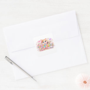 Cute Kawaii Made With Love Cat Name Pastel Pink Fl Square Sticker