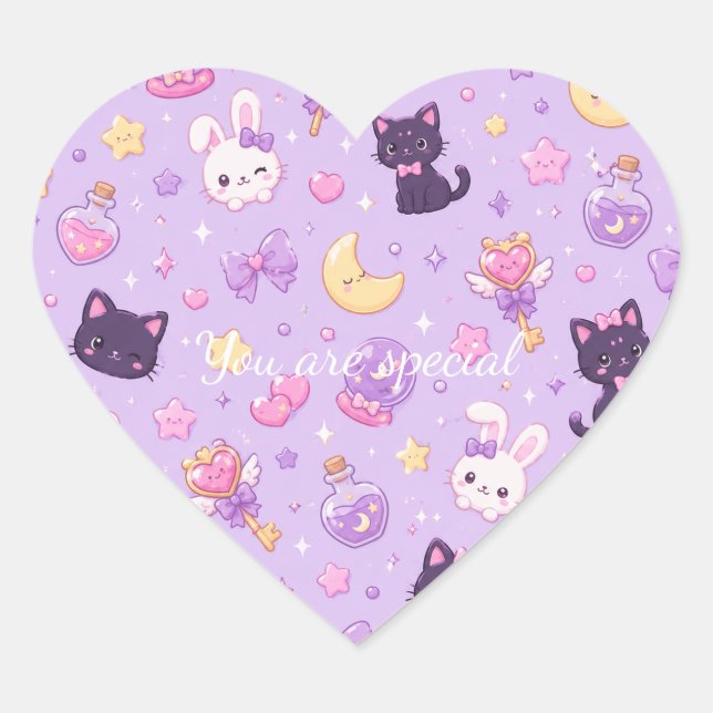Cute Kawaii Magic Cats Pattern | Pastel Witchy  Heart Sticker (Front)