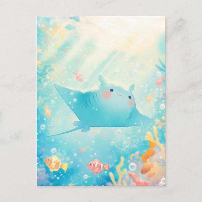 Cute Kawaii Manta Ray Sunlit Ocean Postcard (Front)