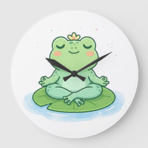 Cute Kawaii Meditating Frog Yoga Lotus Pose AI Art Large Clock