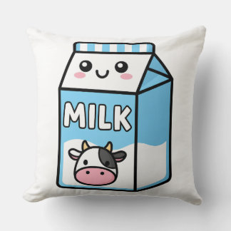 Cute Kawaii Milk Carton Illustration with Cow Icon Cushion