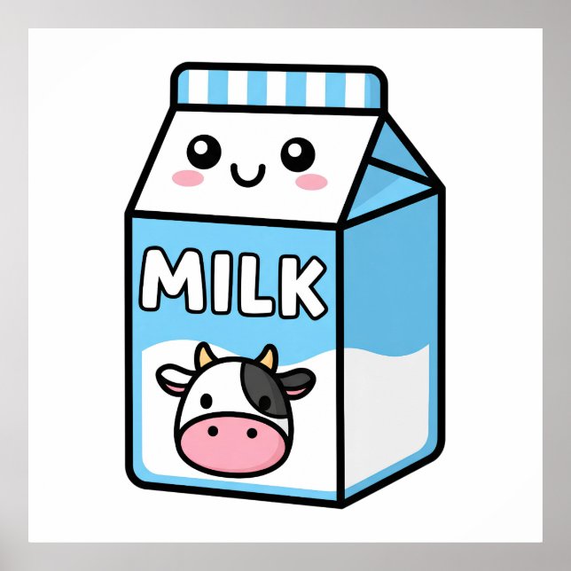 Cute Kawaii Milk Carton Illustration with Cow Icon Poster (Front)