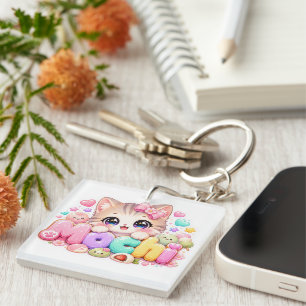 Cute Kawaii Mochi Cat Name Pastel Pink Sparkling K Key Ring