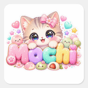 Cute Kawaii Mochi Cat Name Pastel Pink Sparkling K Square Sticker