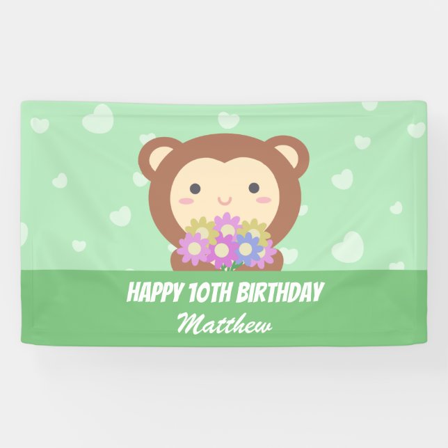 Cute Kawaii Monkey and Flowers Happy Birthday Banner (Horizontal)