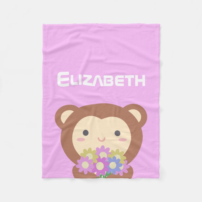Cute Kawaii Monkey and Flowers Purple Pink Name Fleece Blanket (Front)