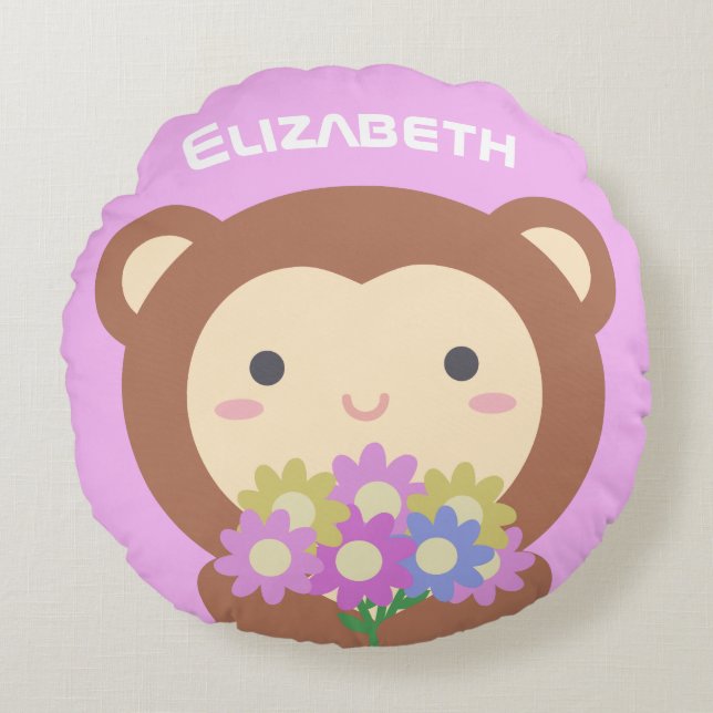 Cute Kawaii Monkey and Flowers Purple Pink Name Round Cushion (Front)
