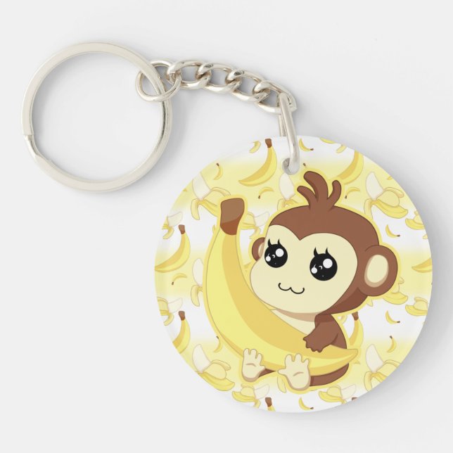 Cute Kawaii monkey holding banana Key Ring (Front)