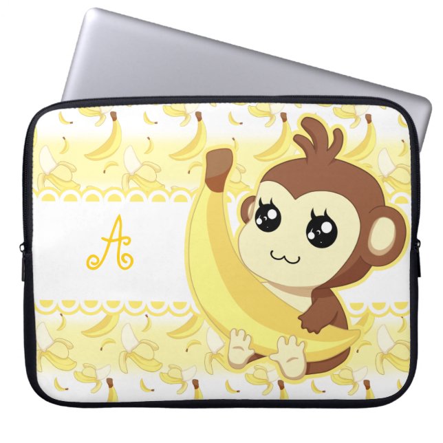 Cute Kawaii monkey holding banana monogram Laptop Sleeve (Front)