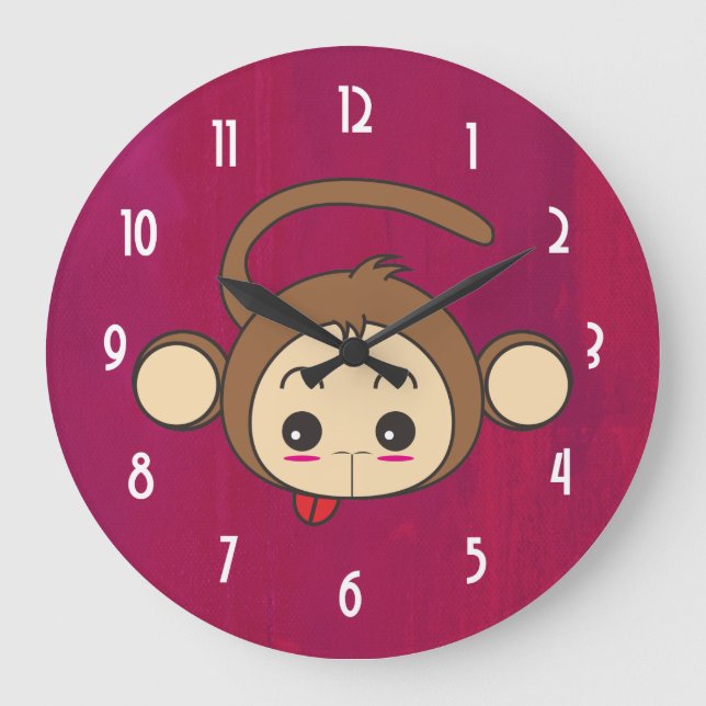 Cute Kawaii Monkey Illustration Large Clock (Front)