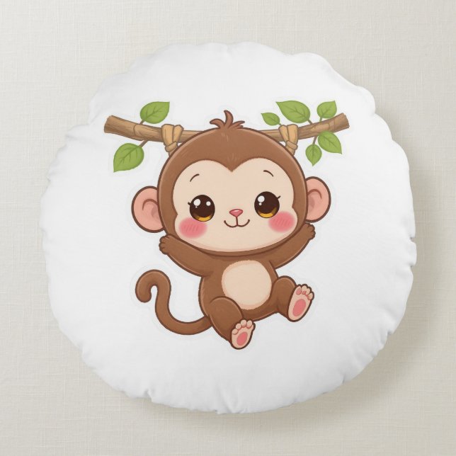 Cute Kawaii Monkey Round Cushion (Front)