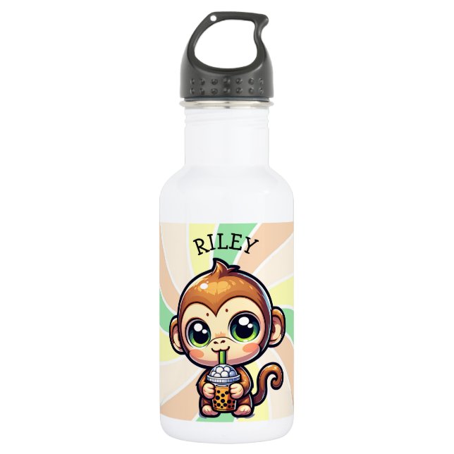 Cute Kawaii Monkey with Bubble Tea Personalised 532 Ml Water Bottle (Front)