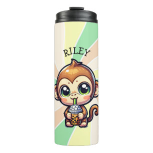 Cute Kawaii Monkey with Bubble Tea Personalised Thermal Tumbler