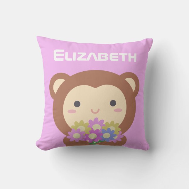 Cute Kawaii Monkey with Flowers  Cushion (Front)