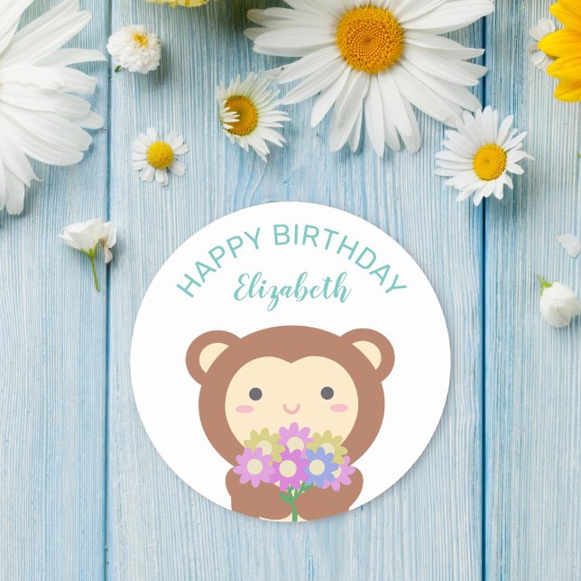 Cute Kawaii Monkey With Flowers Happy Birthday Classic Round Sticker (Creator Uploaded)