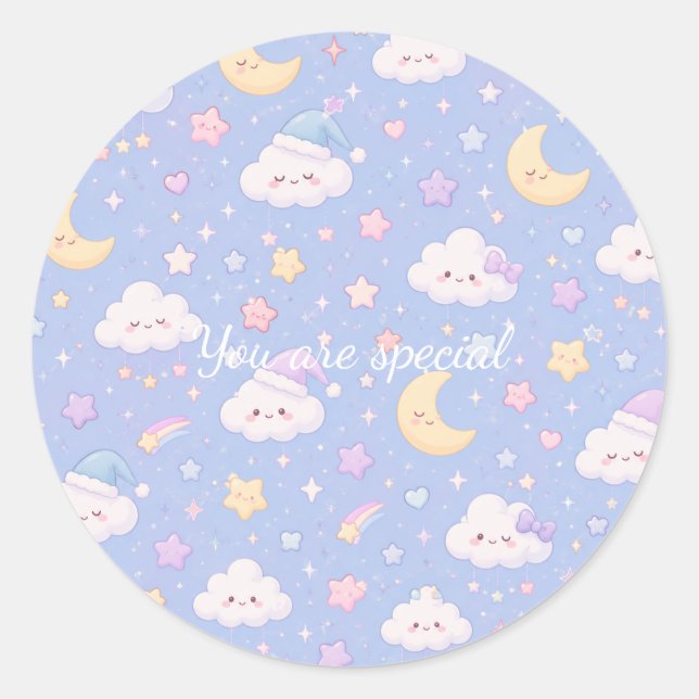 Cute Kawaii Moon & Clouds Pattern | Dreamy Pastel  Classic Round Sticker (Front)