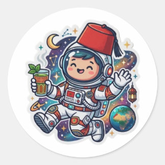 Cute Kawaii Moroccan Astronaut Mint Tea FezSticker Classic Round Sticker