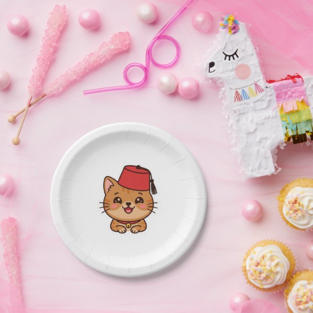 Cute Kawaii Moroccan Fez Hat Cat Sticker Paper Plate (Party)
