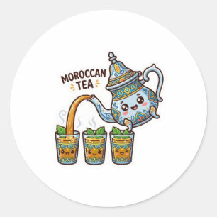 Cute Kawaii Moroccan Mint Tea Teapot and Glasses S Classic Round Sticker