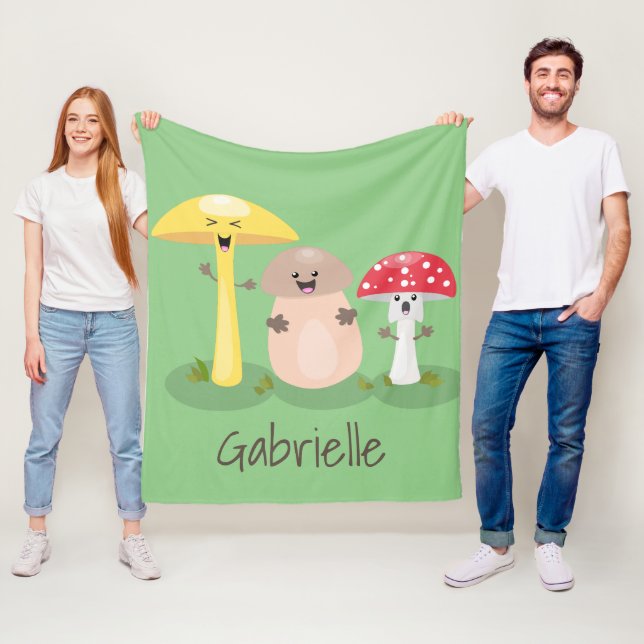 Cute kawaii mushroom fungi toadstool cartoon fleece blanket (In Situ)