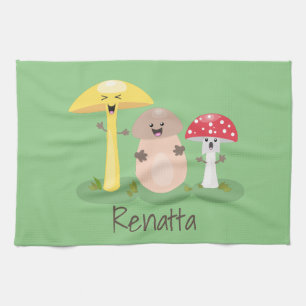 Cute kawaii mushroom fungi toadstool cartoon tea towel