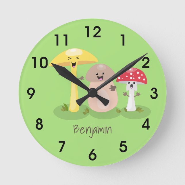 Cute kawaii mushroom fungi toadstool round clock (Front)