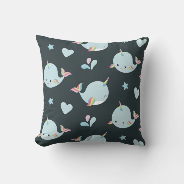 Cute Kawaii Narwhal Sea Unicorn Whale Pattern Cushion (Front)