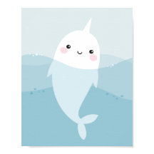 Cute kawaii narwhal swimming in soft blue waves