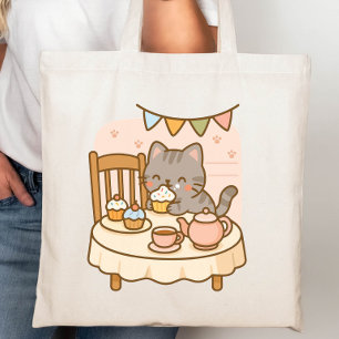 Cute Kawaii Naughty Cat Stealing a Cupcake Tote Bag