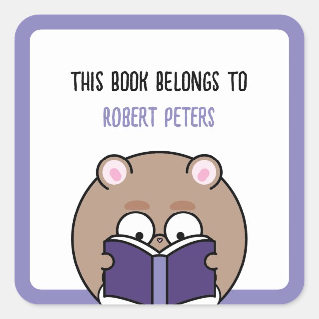Cute Kawaii Nerdy Hamster Boy Booklover Bookplate Square Sticker (Front)
