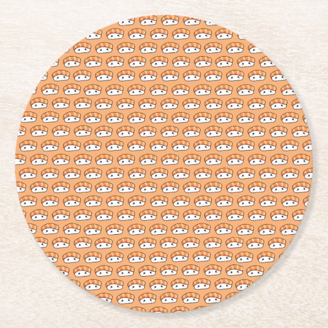 Cute Kawaii Nigiri Sushi Seamless Pattern Round Paper Coaster (Front)