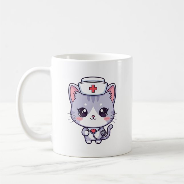 Cute Kawaii Nurse Cat Art Coffee Mug (Left)