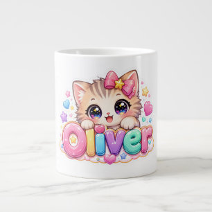 Cute Kawaii Oliver Cat Name Pastel Pink Sparkling  Large Coffee Mug