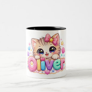 Cute Kawaii Oliver Cat Name Pastel Pink Sparkling  Two-Tone Coffee Mug