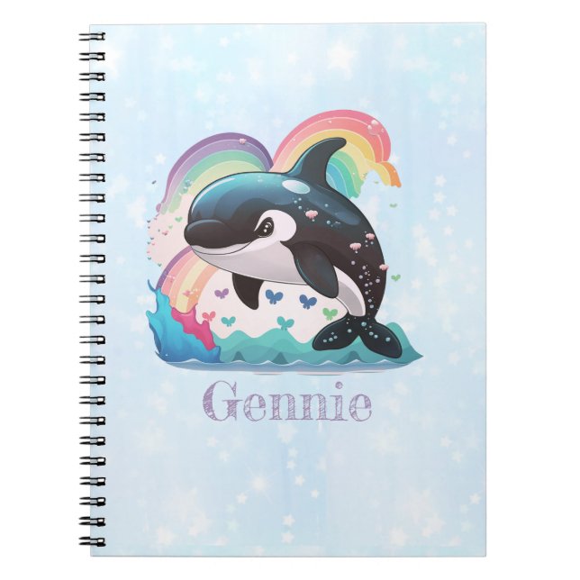 Cute Kawaii Orca Killer Whale Rainbows Butterflies Notebook (Front)