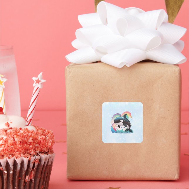 Cute Kawaii Orca Killer Whale Rainbows Butterflies Square Sticker (Party)