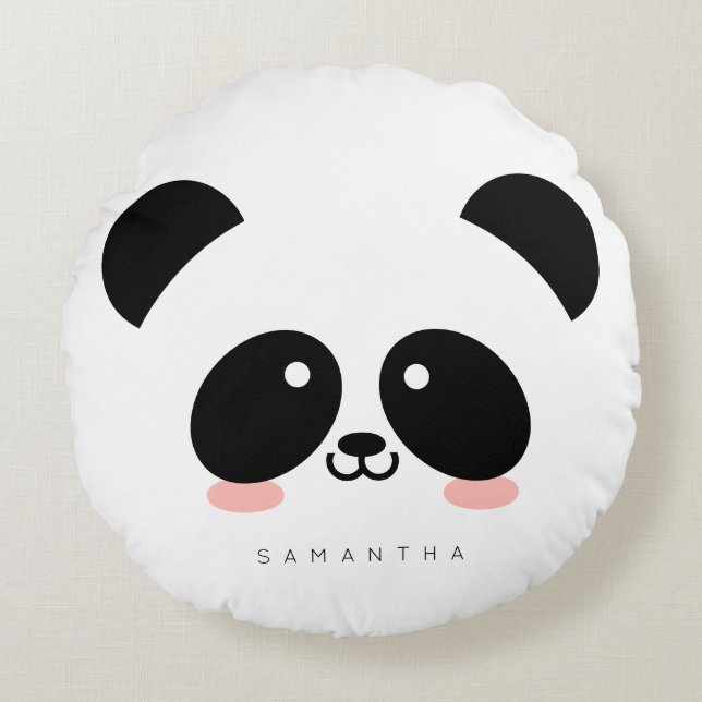 Cute Kawaii Panda | Add Your Name Round Cushion (Front)