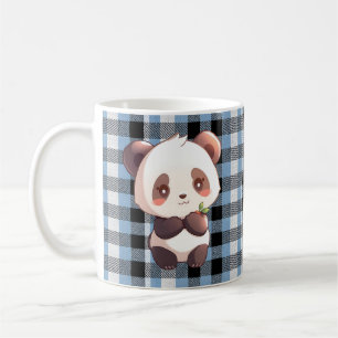 Cute Kawaii Panda Bear Blue Buffalo Plaid Coffee Mug