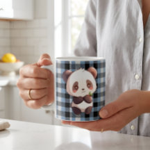 Cute Kawaii Panda Bear Blue Buffalo Plaid
