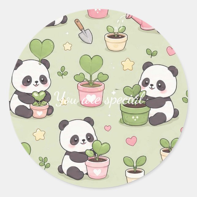 Cute Kawaii Panda Heart Plant Pattern Classic Round Sticker (Front)
