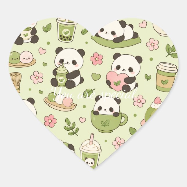 Cute Kawaii Panda Pattern | Bamboo Pastel  Heart Sticker (Front)