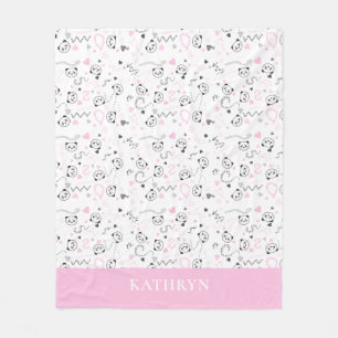 cute kawaii panda pink grey hearts Baby Girl Fleece Blanket