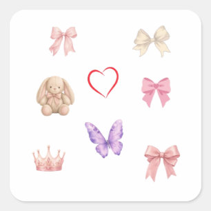 Cute Kawaii Pastel Bows Bunny Butterfly Heart Crow Square Sticker