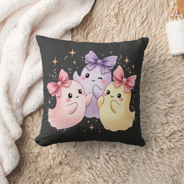 Cute Kawaii Pastel Ghosts with Sparkly Bows Cushion (Blanket)